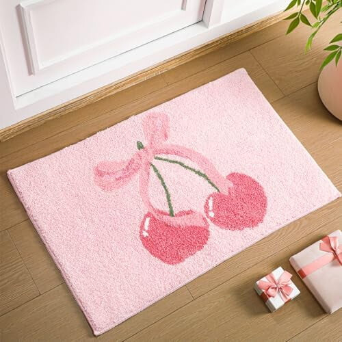 Tapete de banheiro rosa com laço de cereja, antiderrapante e absorvente, 50 x 75 cm (20 x 30 polegadas).