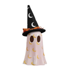 Figurine fantôme en céramique avec chapeau de sorcière rose (1 pièce)