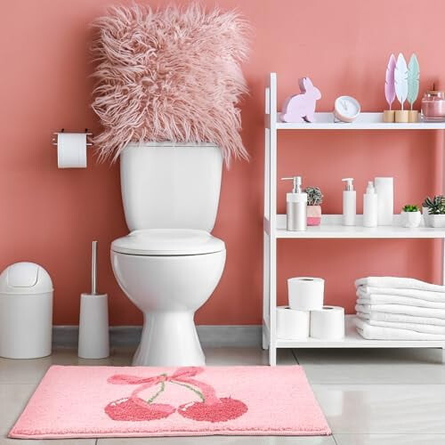 Tapete de banheiro rosa com laço de cereja, antiderrapante e absorvente, 50 x 75 cm (20 x 30 polegadas). 1