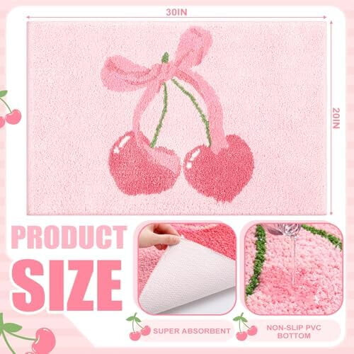 Tapete de banheiro rosa com laço de cereja, antiderrapante e absorvente, 50 x 75 cm (20 x 30 polegadas). 2