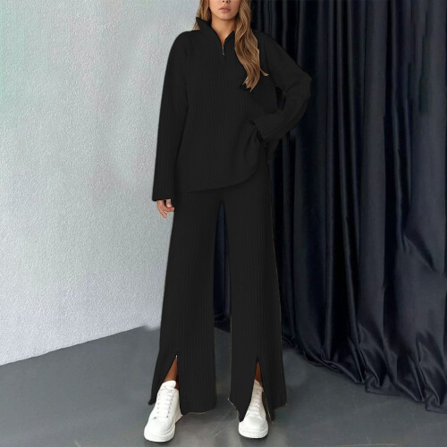 Conjunto de moletom feminino em malha canelada com mangas compridas e modelagem ampla. 1