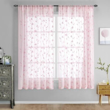 Pink Sheer Curtains 52x63", 2 Panels, Embroidered Vine Floral, Pocket Top, Faux Linen Semi-Sheer Voile Drapes for Bedroom & Living Room