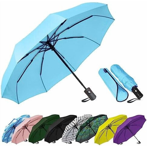 Ombrello da viaggio antivento compatto – Automatico, azzurro, portatile per uomo, donna e ragazzi