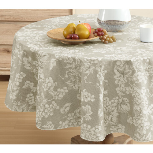 Ivory Grapevine Print70inch Round Vinyl Tablecloth with Flannel Backing 2