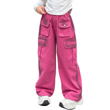 Kids Cargo Pants, Solid Pink, Elastic Waist, Wide Leg, Pockets, Stretch Comfort for School & Outdoor – Compatible with Kids 10-11 Years