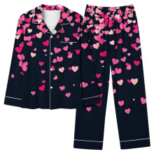 Dámská pyžamová sada pro plnoštíhlé na Valentýna, dlouhý rukáv, zapínání na knoflíky s kapsou, volný střih, měkké pohodlné pyžamo