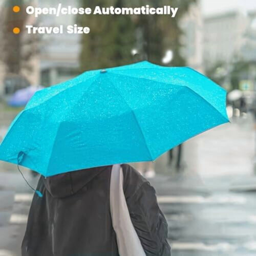 Ombrello da viaggio antivento compatto – Automatico, azzurro, portatile per uomo, donna e ragazzi 1