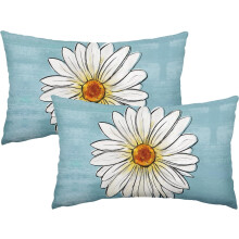 Fețe de pernă lombară cu model de margarete albastre de primăvară, 12x20, set de 2, decor floral de vară, fețe de pernă din in rustic pentru