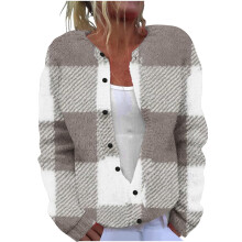 Cárdigan de punto a cuadros para mujer, cuello redondo, puños largos ajustados, botones grandes y holgados, tejido suave y cómodo, blusas