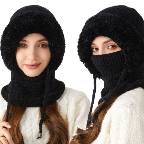 Passamontagna in maglia con sciarpa e maschera per donna, foderato in pile. 1