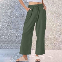 Women's Summer Wide Leg Pants - Elastic Waist, Breathable Fabric, Casual Solid Color with Pockets