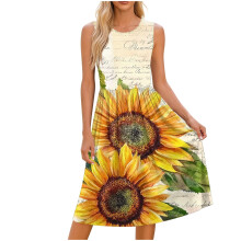 Sommarklänningar för kvinnor Böljande Casual Ärmlös Midiklänning Boho Strand Semester Blommig Solklänning med Fickor