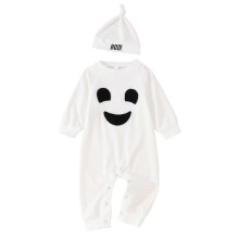 Jungen-Einteiler mit Halloween-Cartoon-Geistmotiv, Langarm-Rundhalsausschnitt, inklusive Mütze, Neugeborenen-Freizeit-Einteiler, Weiß, 3-6 Monate