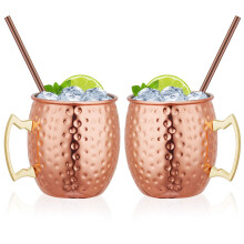 Hossejoy Moscow Mule Copper Mugs, Set of 2, 100% Handcrafted Pure Solid Copper, 18.65 oz, Food Safe, Cocktail Cups with 2 Straws