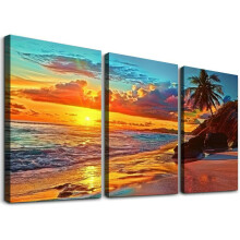Tropisches Strand-Sonnenuntergangs-Leinwandbild-Set – 30 x 40 cm, fertig zum Aufhängen, geeignet für Zuhause, Büro, Schlafzimmer, Wohnzimmer,
