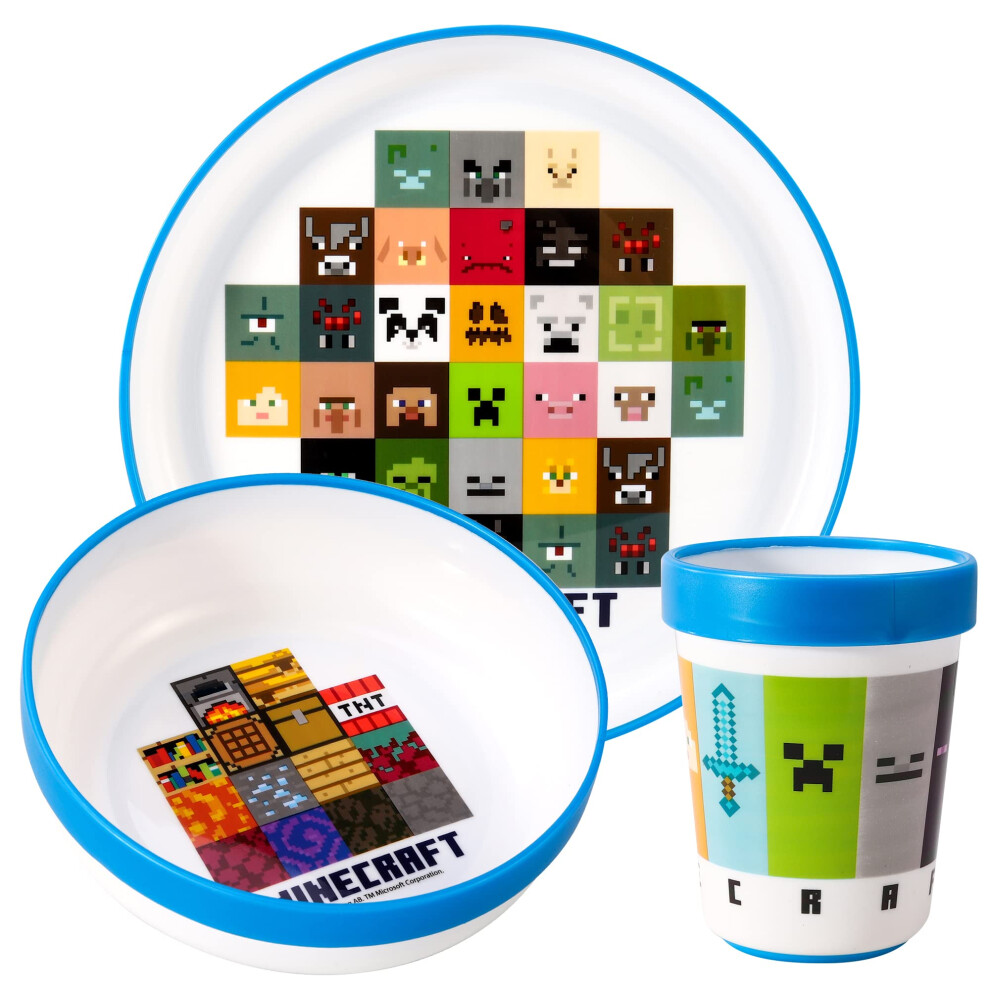 Minecraft 3Pcs Reusable Bicolor Premium Kids Dinner Tableware Set Plate, Bowl & Tumbler, Bpa Free Zawadi Global
