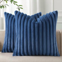 Housses de coussin décoratives en fausse fourrure peluche 61 x 61 cm (lot de 2), douces et moelleuses, à rayures, bleu marine, pour canapé et