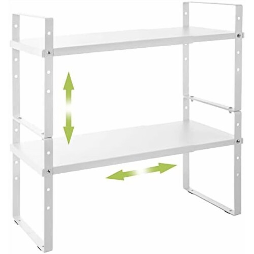 Expandable Cabinet Shelf Organizer Rack, Stackable Kitchen Counter Storage Shelves Stand, Adjustable Height Pantry Shelf Spice Rack (White, 2 Pack)