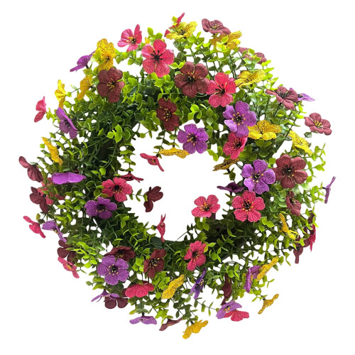 Guirlanda de margaridas e violetas com eucalipto artificial de 40 cm (16 polegadas)