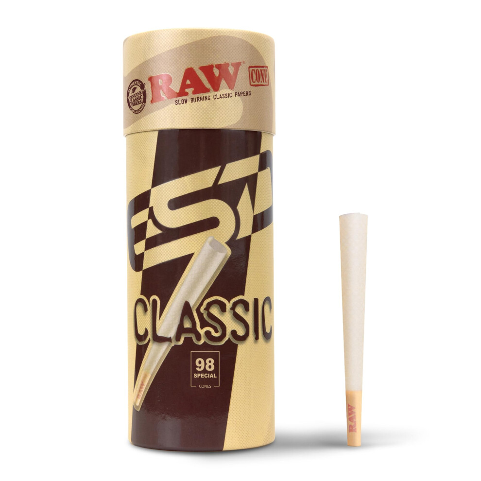 Raw Cones Classic 98 Special - 50 Pack - Natural Pre Rolled Rolling Paper With Tips & Packing Tubes Included