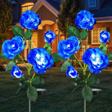 Set van 2 solar rozenbloemlampjes op prikkers, 10 waterdichte LED-bloemen voor tuin, pad, terras en erfdecoratie, blauw - Blauw