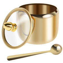 JETHMA Sugar Bowl with LId and Spoon,10oz Satinless Steel Salt Pot,Modern Gold Sugar Container,Sugar Pot Container for Salt, Candy, Coffee Bean