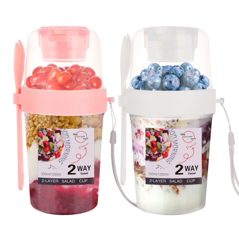 Pack Of 2 Cereal Cups To Go Cereal To Go Cups With Spoon 310 + 560 Ml Yoghurt Cup To Go Double Layer Leak-Proof Yoghurt Cup Salad Cup For Aselected