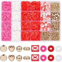 3484Pcs Clay Beads Kit for Bracelet Making: 6mm Red, Gold Heart & Flat Round Spacers – DIY Friendship Bracelets, Valentine's Day Crafts