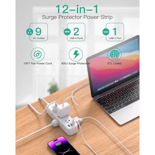 Πολύπριζο 15 ποδιών λευκό με 9 πρίζες, 3 θύρες USB, προστασία από υπερτάσεις – 2