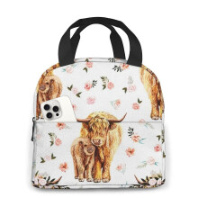 HYEPNED Highland Cow Spring Pink Floral Scottish Highland Cow Lunch Bag,Insulated Lunch Bag for Adults,Kids,Lunch Tote Bag for Picnics Work School