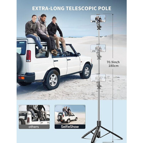 Tripé multifuncional para celular e bastão de selfie de 71" com controle remoto sem fio, rotação de 360, compatível com iPhone e Android. 1