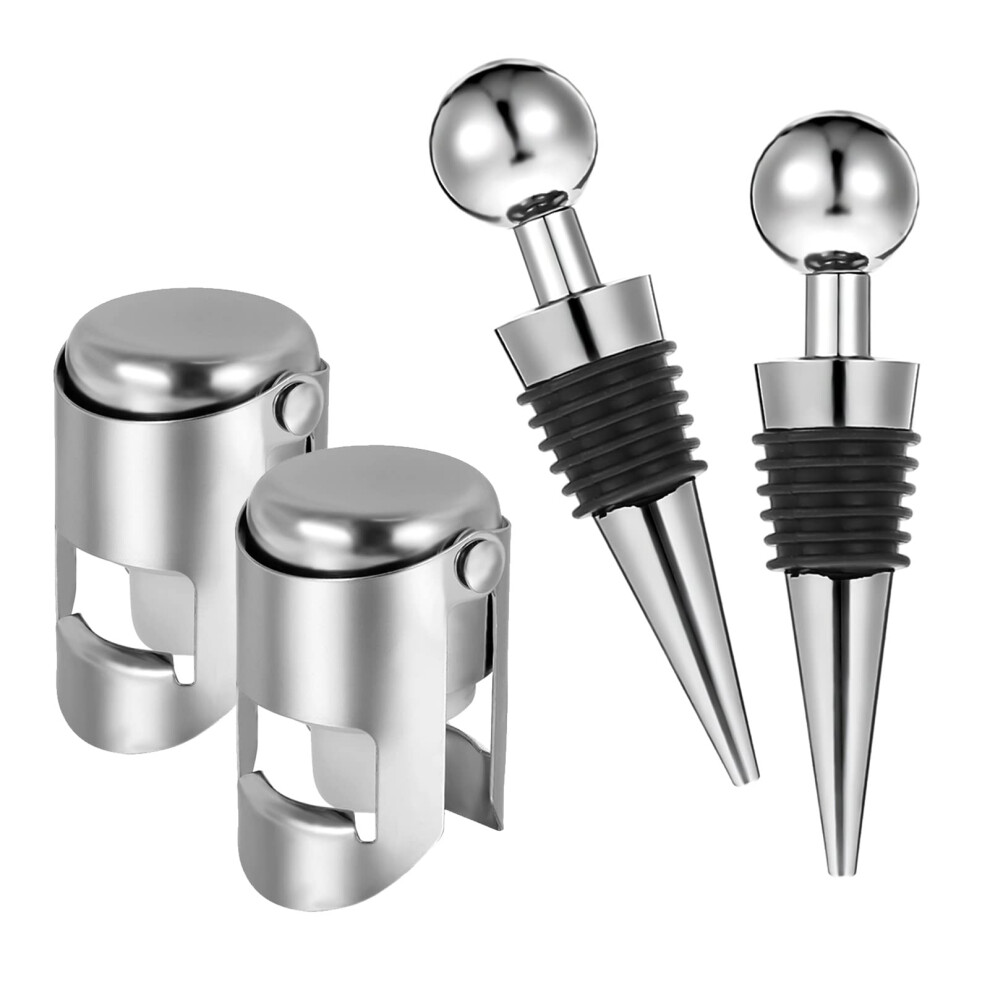 Opopark 4 Pcs Bottle Stoppers Stainless Steel Prosecco Stopper Wine Corks Bottle Topper Reusable Champagne Stop For Wine Champagne Beer Collection