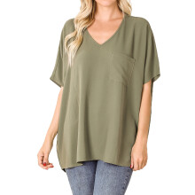 Dame & Plus V-hals vævet Airflow Dolman kortærmet blusetop med frontlomme