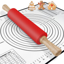 Rolling Pin and Baking Mat | Smooth Non Stick Silicone Rolling Pins | Professional Dough Roller with Wooden Handle for Pastry Pizza Fondant Icing |