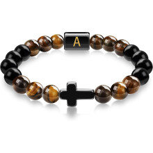 Herren-Kreuzarmband mit AZ-Initialen, Onyx- und Tigeraugenperlen – Christlicher Schmuck, Jubiläums-/Geburtstagsgeschenk für Vater, Ehemann, Sohn