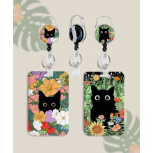 Lot de 2 porte-badges d'identification avec motif chat caché dans les fleurs, enrouleurs à clip, rétractables et robustes, porte-clés, idéal
