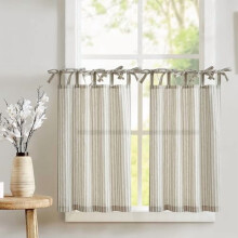 Striped Tier Curtains Taupe Grey 36" Rod Pocket 2 Panels