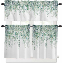Ensemble de rideaux de cuisine à motif d'eucalyptus vert – Cantonnière et rideaux courts 3 pièces à motif de feuilles aquarelle, passe-tringle,