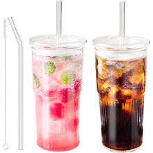 JunVpic Glass Tumbler with Straw and Lid, 20 OZ Clear Iced Coffee Glasses Cups for Ice Water, Juice, Tea, Milk, Smoothie and Cold or Hot Drinks, Set