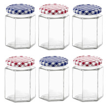 Glass Jam Jars Set of 6, 280ml / 9oz Hexagonal Storage Glass Jars with Screw Top Red and Blue Gingham Lids, Clear Airtight Preserving Glass Jars for