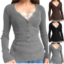 Womens Long Sleeve Tops, Shirts for Women Trendy, Ladies' Fashion V-Neck Lace Long Sleeve Shirts Loose Casual Solid Color Tops