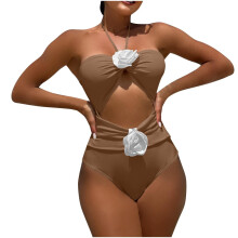 Maiô feminino sexy, biquíni feminino moderno de cor sólida com cordão e detalhe vazado de rosa.