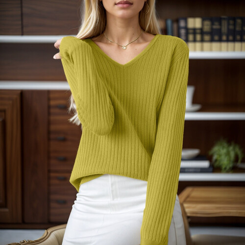 Damen-Strickpullover mit V-Ausschnitt, langen Ärmeln, weich 1