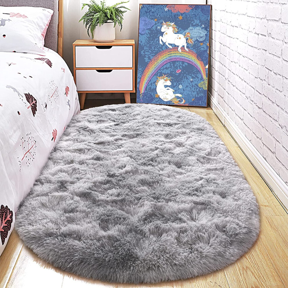 Fluffy Oval Rug Soft Tie Dye Area Rugs Shaggy Colorful Carpet Plush Bedside Carpet For Teen Dorm Baby Nursery,2.6 X 5.3Ft, Gray