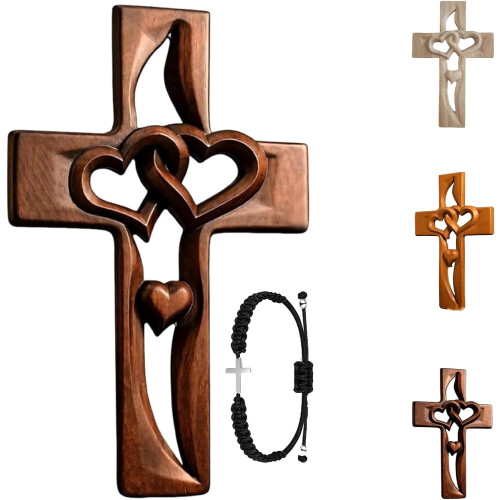 Croix en bois sculptée à la main avec des cœurs entrelacés