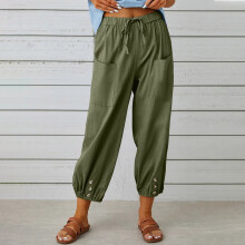 Pantaloni estivi da donna in lino e cotone a gamba dritta con coulisse in vita e ampie tasche – Pantaloni casual leggeri e comodi
