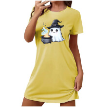 Abito da notte a maniche corte con stampa a cartoni animati, scollo rotondo, in morbido poliestere e spandex, taglie forti (S-2XL), ideale per feste