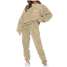 Fashion Track Suits for Women Set Solid Round-Neck Pullover Top Pants 2 Piece Sport Set Hoodless Sweatsuit Set,Beige