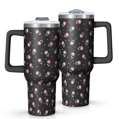 Ποτήρι Pioneer με 40oz, μονωμένο με λαβή και σχέδιο λουλουδιών, καπάκι και καλαμάκια