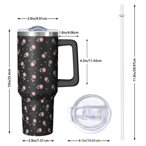 Ποτήρι Pioneer με 40oz, μονωμένο με λαβή και σχέδιο λουλουδιών, καπάκι και καλαμάκια 1